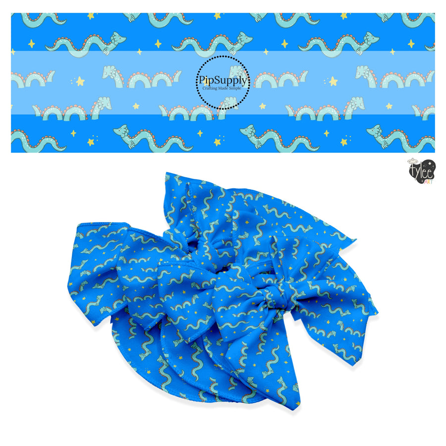 These spring no sew bow strips can be easily tied and attached to a clip for a finished hair bow. These fun bow strips are great for personal use or to sell. These bow strips feature the following design elements: sea monsters on blue.