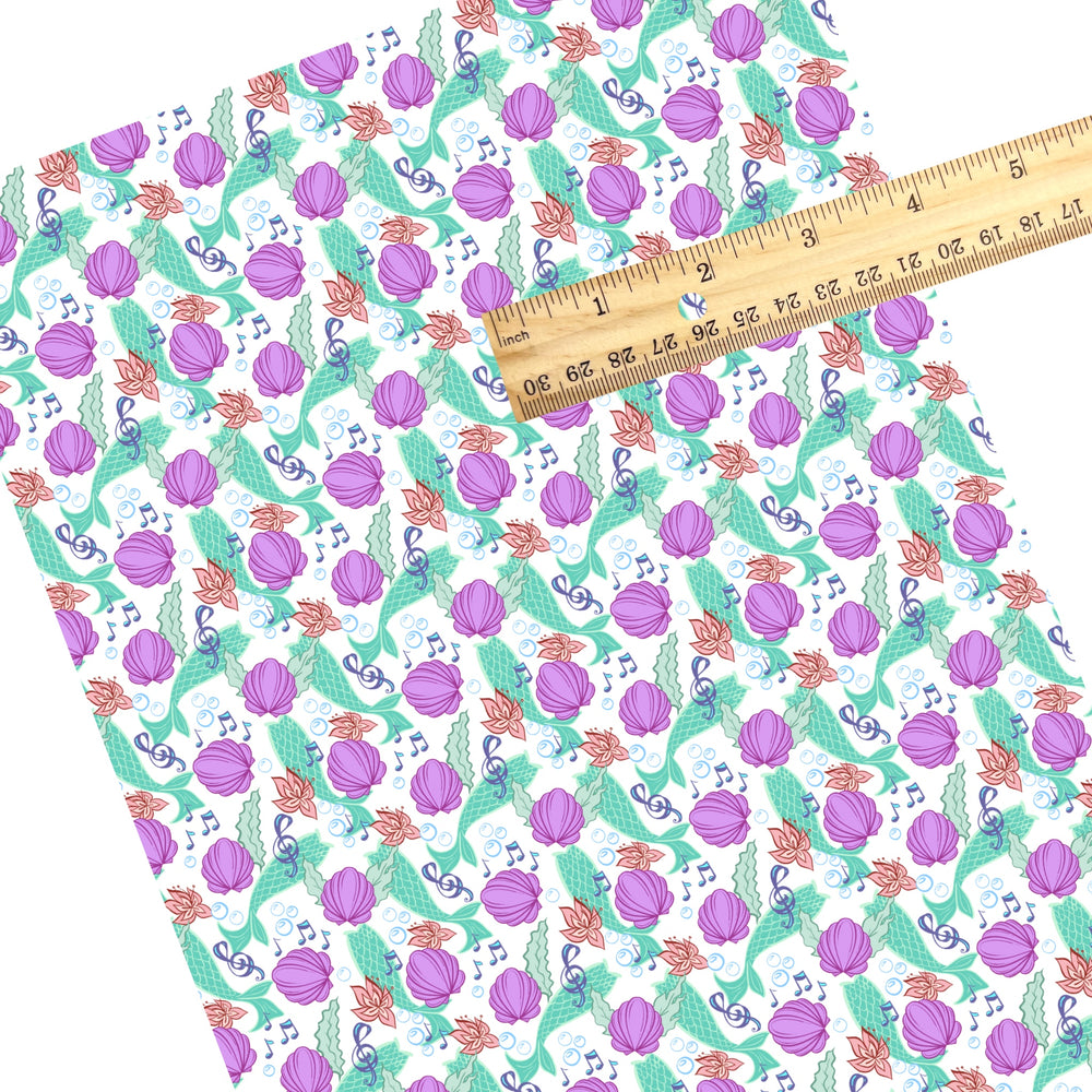 These magical princess themed faux leather sheets contain the following design elements: sea shells, mermaid tails, and musical notes. Our CPSIA compliant faux leather sheets or rolls can be used for all types of crafting projects.