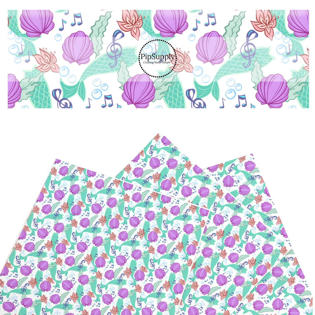 These magical princess themed faux leather sheets contain the following design elements: sea shells, mermaid tails, and musical notes. Our CPSIA compliant faux leather sheets or rolls can be used for all types of crafting projects.