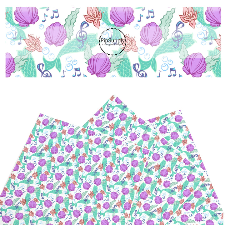 These magical princess themed faux leather sheets contain the following design elements: sea shells, mermaid tails, and musical notes. Our CPSIA compliant faux leather sheets or rolls can be used for all types of crafting projects.