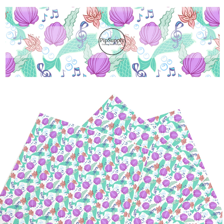 These magical princess themed faux leather sheets contain the following design elements: sea shells, mermaid tails, and musical notes. Our CPSIA compliant faux leather sheets or rolls can be used for all types of crafting projects.