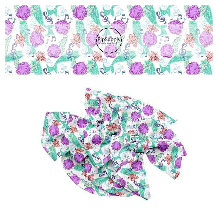 These magical princess themed no sew bow strips can be easily tied and attached to a clip for a finished hair bow. These bow strips are great for personal use or to sell. These bow strips feature the following design elements: sea shells, mermaid tails, and musical notes.