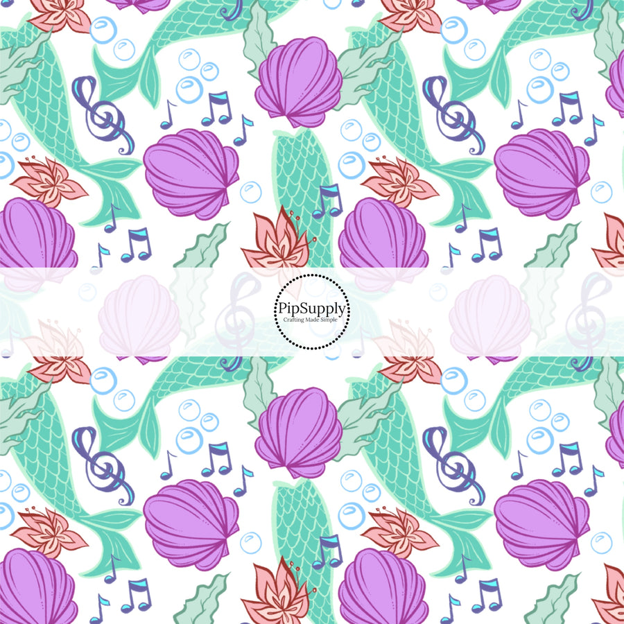 These magical princess themed no sew bow strips can be easily tied and attached to a clip for a finished hair bow. These bow strips are great for personal use or to sell. These bow strips feature the following design elements: sea shells, mermaid tails, and musical notes.