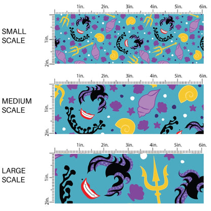 This scale chart of small scale, medium scale, and large scale of this ocean inspired fabric by the yard features the following design: floral sea witch and conch shells on blue. This fun themed fabric can be used for all your sewing and crafting needs!