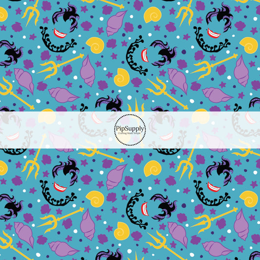 This ocean inspired fabric by the yard features the following design: floral sea witch and conch shells on blue. This fun themed fabric can be used for all your sewing and crafting needs!