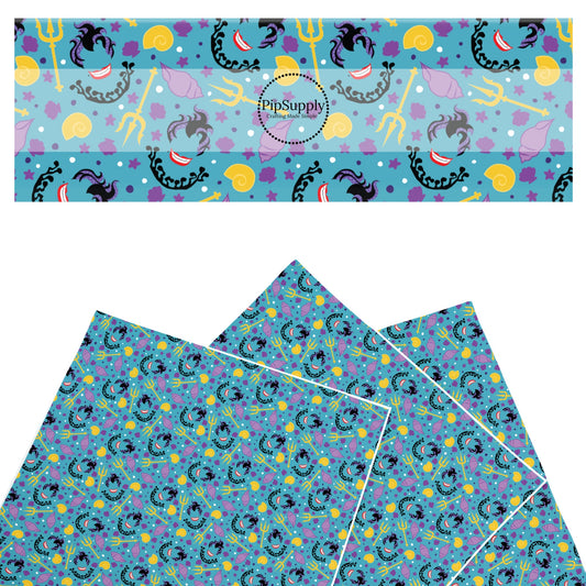 This ocean inspired faux leather sheets contain the following phrase: floral sea witch and conch shells on blue. Our CPSIA compliant faux leather sheets or rolls can be used for all types of crafting projects.