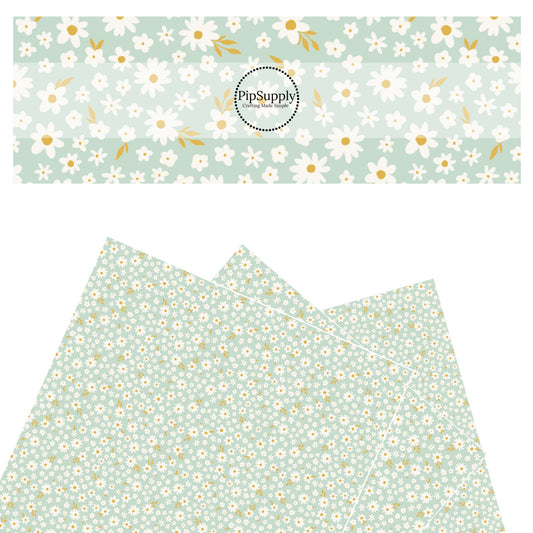 These spring pattern themed faux leather sheets contain the following design elements: tiny flowers on seafoam. Our CPSIA compliant faux leather sheets or rolls can be used for all types of crafting projects.