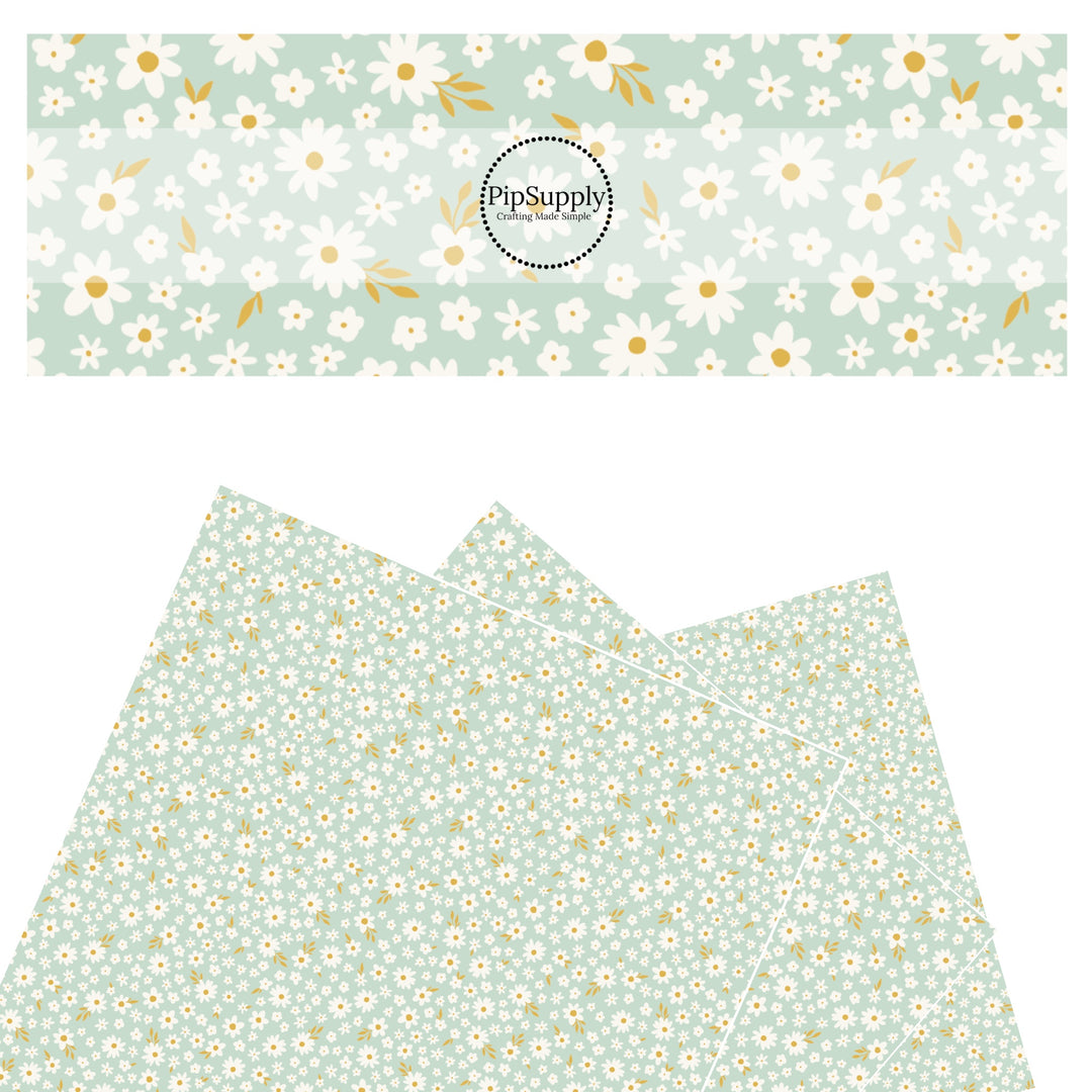 These spring pattern themed faux leather sheets contain the following design elements: tiny flowers on seafoam. Our CPSIA compliant faux leather sheets or rolls can be used for all types of crafting projects.