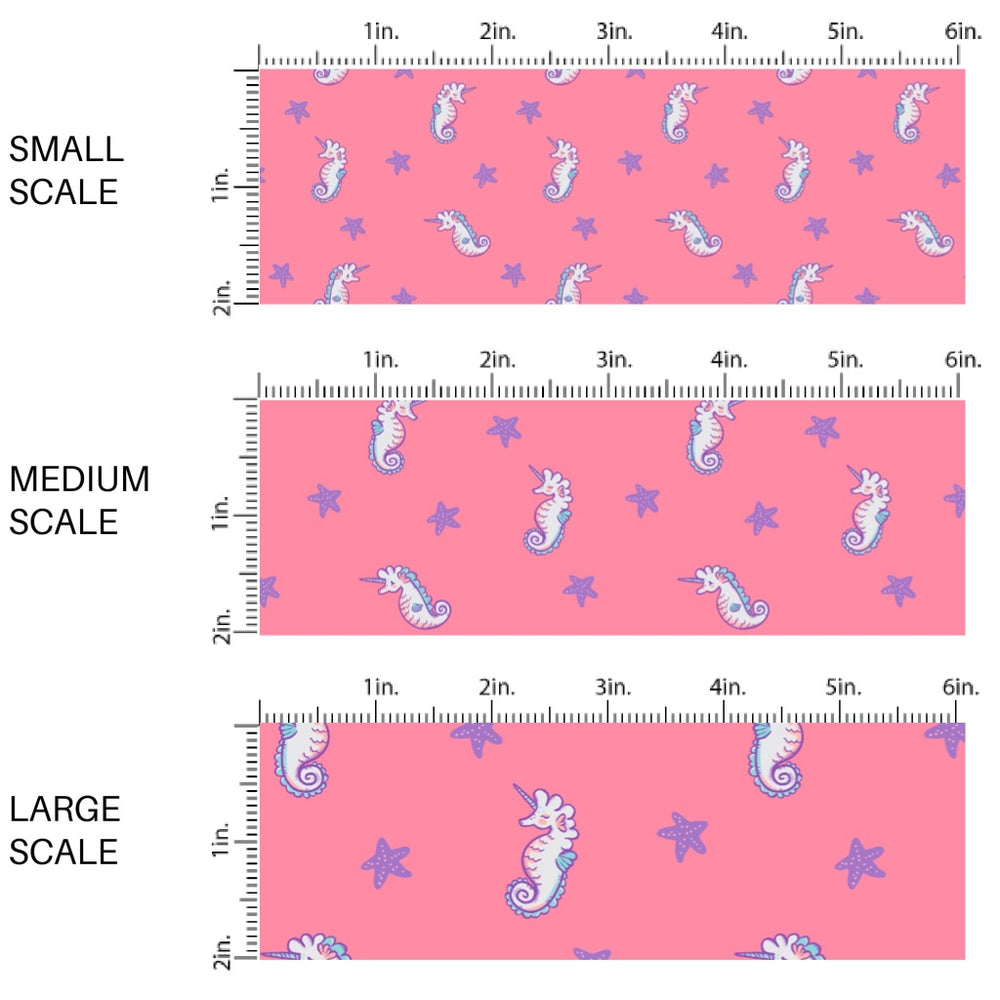 These bright ocean themed fabric by the yard features seahorses on pink. This fun pattern fabric can be used for all your sewing and crafting needs!