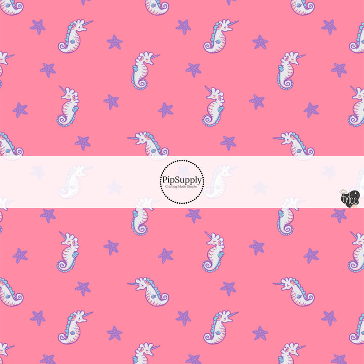 These bright ocean themed fabric by the yard features seahorses on pink. This fun pattern fabric can be used for all your sewing and crafting needs!