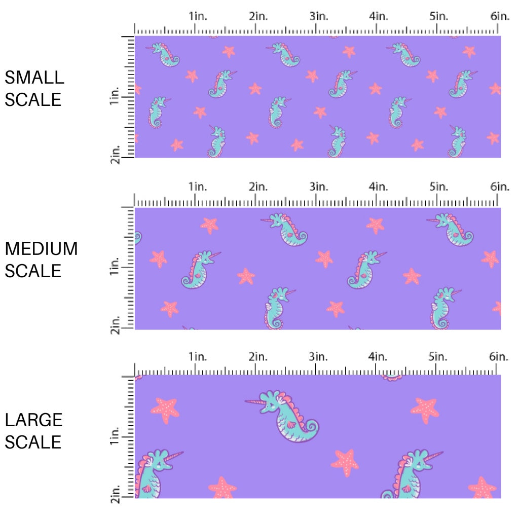 These bright ocean themed fabric by the yard features seahorses on purple. This fun pattern fabric can be used for all your sewing and crafting needs!