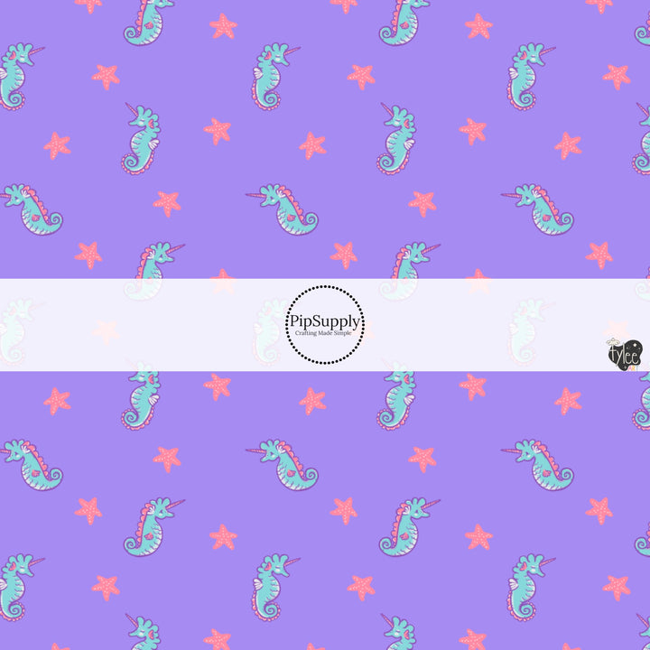 These bright ocean themed fabric by the yard features seahorses on purple. This fun pattern fabric can be used for all your sewing and crafting needs!