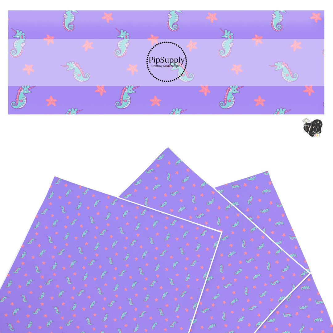 These bright ocean themed faux leather sheets contain the following design elements: seahorses on purple. Our CPSIA compliant faux leather sheets or rolls can be used for all types of crafting projects.