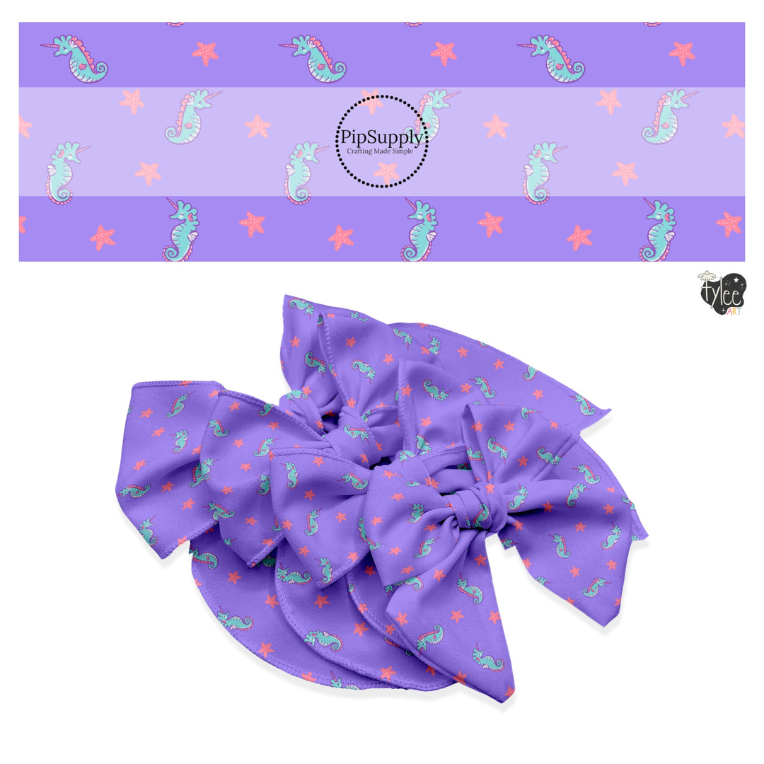 These spring no sew bow strips can be easily tied and attached to a clip for a finished hair bow. These fun bow strips are great for personal use or to sell. These bow strips feature the following design elements: seahorses on purple.