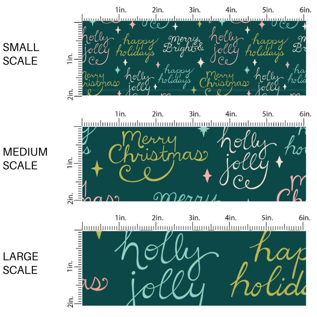 These winter saying themed pattern fabric by the yard features the following design elements: season greetings. This fun themed fabric can be used for all your sewing and crafting needs!