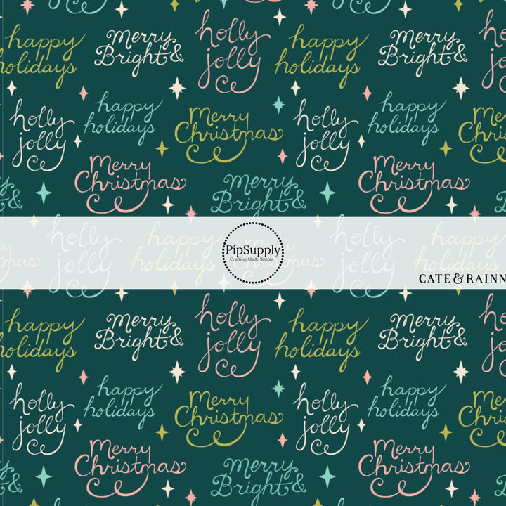 These winter saying themed pattern fabric by the yard features the following design elements: season greetings. This fun themed fabric can be used for all your sewing and crafting needs!