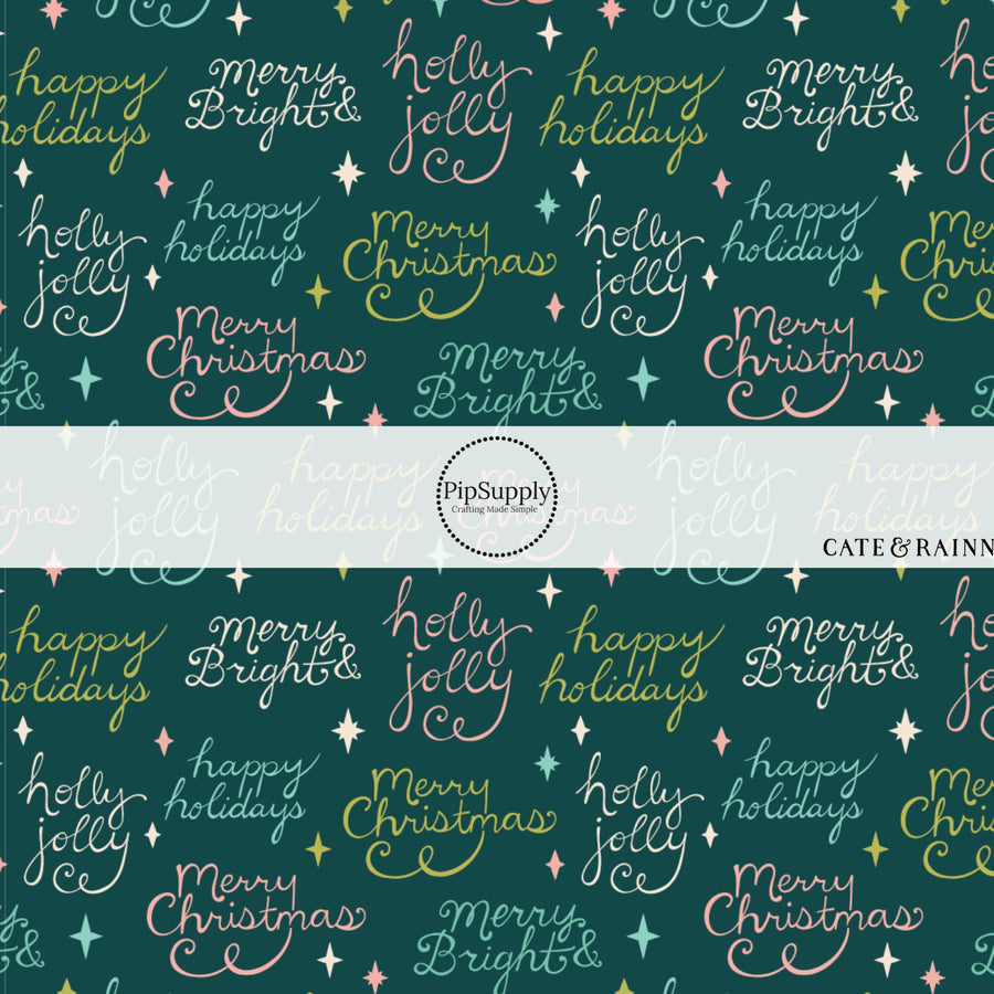 These winter saying themed pattern fabric by the yard features the following design elements: season greetings. This fun themed fabric can be used for all your sewing and crafting needs!