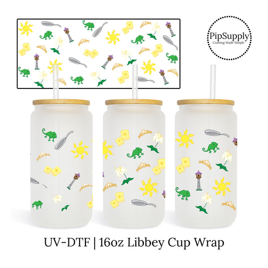 Chameleons, towers, tiaras, flowers, and suns, princess themed UV DTF 16 oz. Libbey Cup wrap.