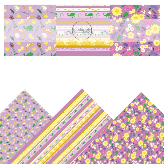 Chameleon, sectre tower, lanterns, and flowers on purple princess faux leather sheet pack