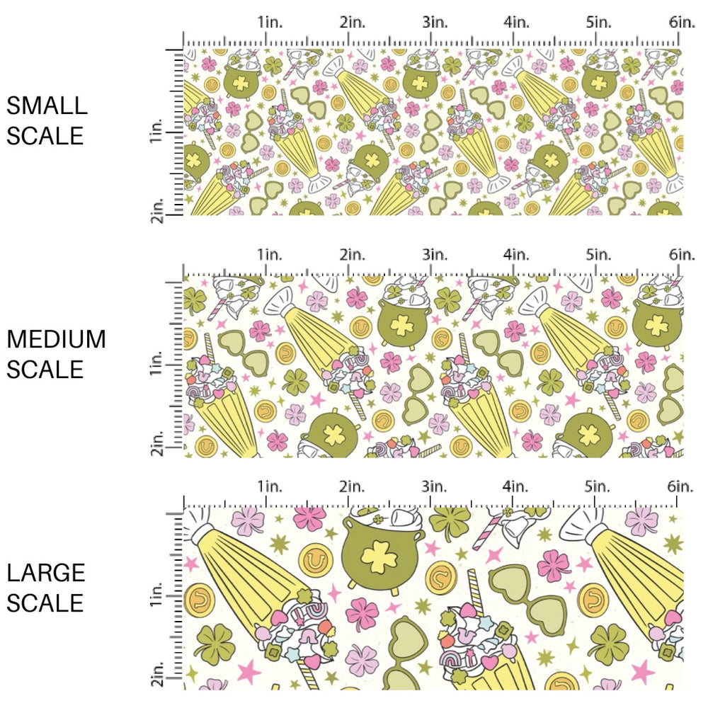 This holiday fabric by the yard features shamrocks and clovers. This festive pattern fabric can be used for all your sewing and crafting needs!