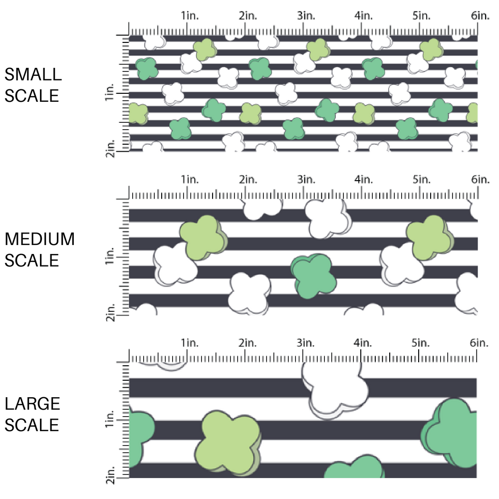 Green Shamrocks on Black and White Striped Fabric by the Yard scaled image guide.