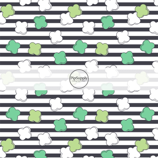 Green Shamrocks on Black and White Striped Fabric by the Yard.