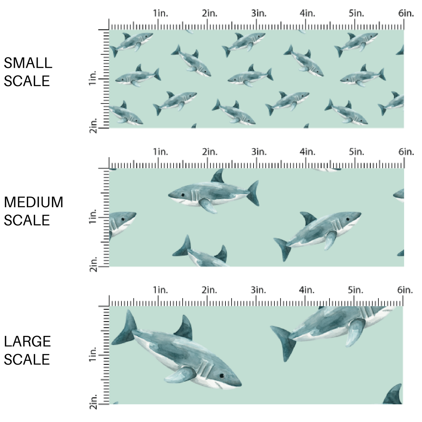 This scale chart of small scale, medium scale, and large scale of these shark themed blue fabric by the yard features sharks on light blue. This fun ocean themed fabric can be used for all your sewing and crafting needs! 