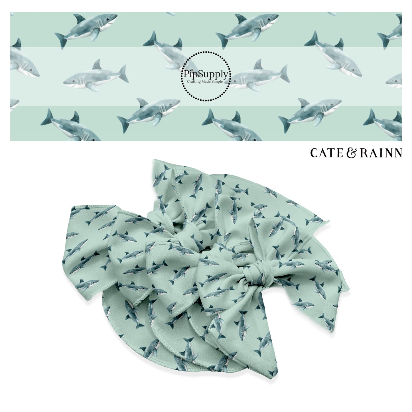 These shark themed blue no sew bow strips can be easily tied and attached to a clip for a finished hair bow. These fun ocean themed bow strips are great for personal use or to sell. The bow stripes features sharks on light blue. 