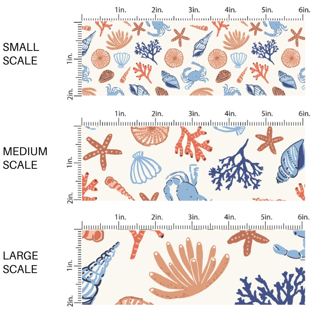 This scale chart of small scale, medium scale, and large scale of this summer fabric by the yard features blue and brown seashells. This fun themed fabric can be used for all your sewing and crafting needs!