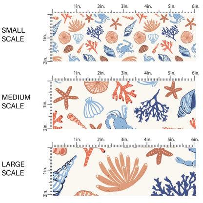This scale chart of small scale, medium scale, and large scale of this summer fabric by the yard features blue and brown seashells. This fun themed fabric can be used for all your sewing and crafting needs!