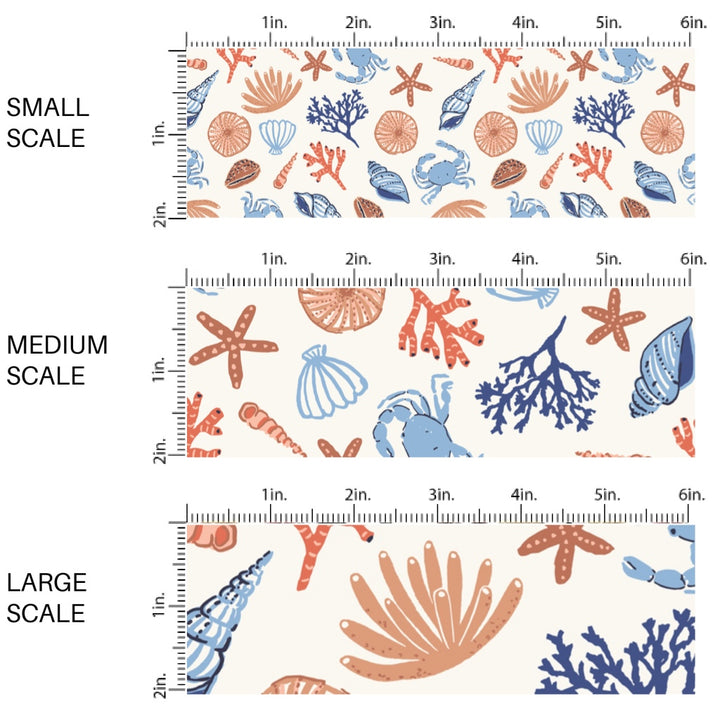 This scale chart of small scale, medium scale, and large scale of this summer fabric by the yard features blue and brown seashells. This fun themed fabric can be used for all your sewing and crafting needs!