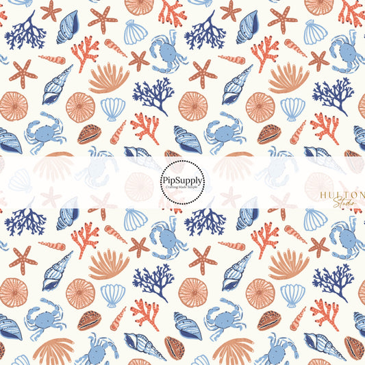 This summer fabric by the yard features blue and brown seashells. This fun themed fabric can be used for all your sewing and crafting needs!