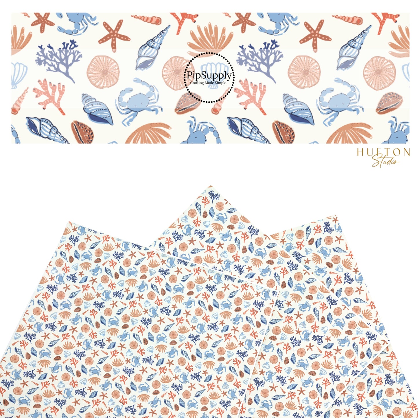 These summer faux leather sheets contain the following design elements: blue and brown seashells. Our CPSIA compliant faux leather sheets or rolls can be used for all types of crafting projects.