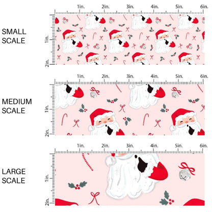 These Santa themed pattern fabric by the yard features the following design elements: Santa on pink. This fun themed fabric can be used for all your sewing and crafting needs!