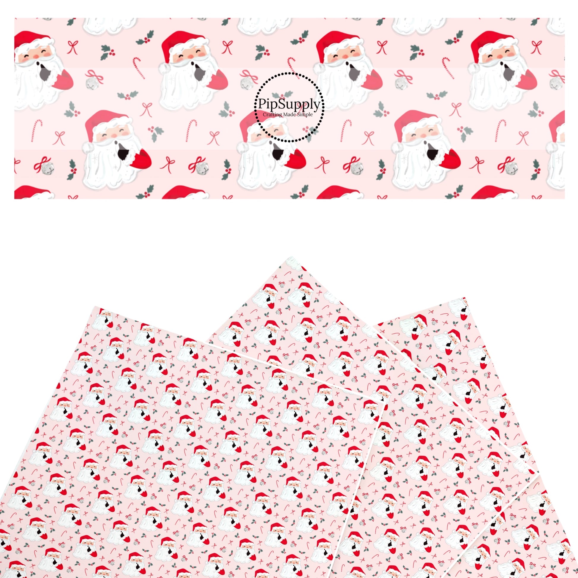 These Santa themed pattern faux leather sheets contain the following design elements: Santa on pink. Our CPSIA compliant faux leather sheets or rolls can be used for all types of crafting projects.