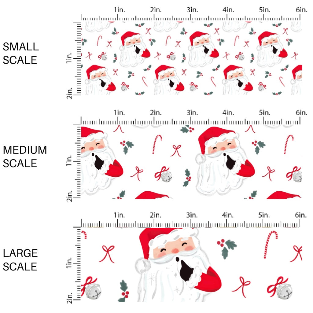 These Santa themed pattern fabric by the yard features the following design elements: Santa on white. This fun themed fabric can be used for all your sewing and crafting needs!