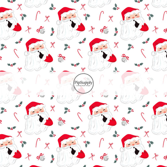 These Santa themed pattern fabric by the yard features the following design elements: Santa on white. This fun themed fabric can be used for all your sewing and crafting needs!