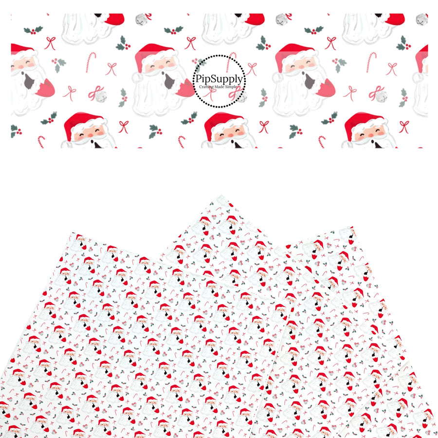 These Santa themed pattern faux leather sheets contain the following design elements: Santa on white. Our CPSIA compliant faux leather sheets or rolls can be used for all types of crafting projects.