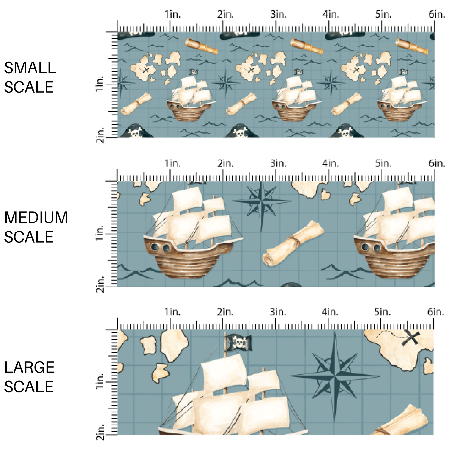 This scale chart of small scale, medium scale, and large scale of these pirate themed blue fabric by the yard features pirate ships, treasure maps, compasses, crossbones and skulls on dark blue. This fun themed fabric can be used for all your sewing and crafting needs! 