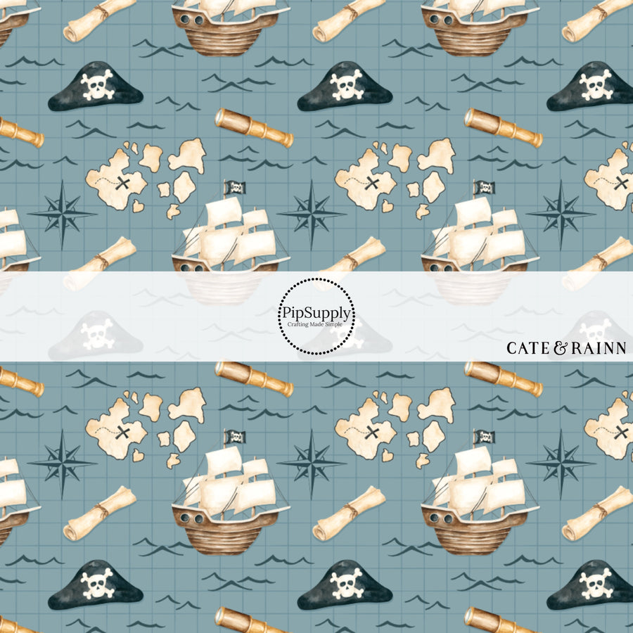 These pirate themed blue fabric by the yard features pirate ships, treasure maps, compasses, crossbones and skulls on dark blue. This fun themed fabric can be used for all your sewing and crafting needs! 