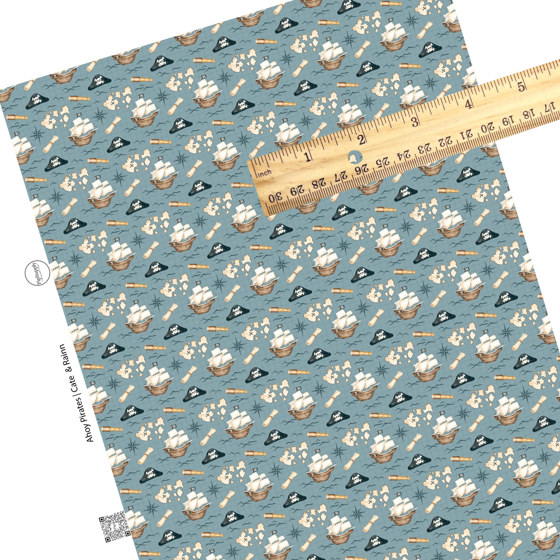 These pirate themed blue faux leather sheets contain the following design elements: pirate ships, treasure maps, compasses, crossbones and skulls on dark blue. Our CPSIA compliant faux leather sheets or rolls can be used for all types of crafting projects.