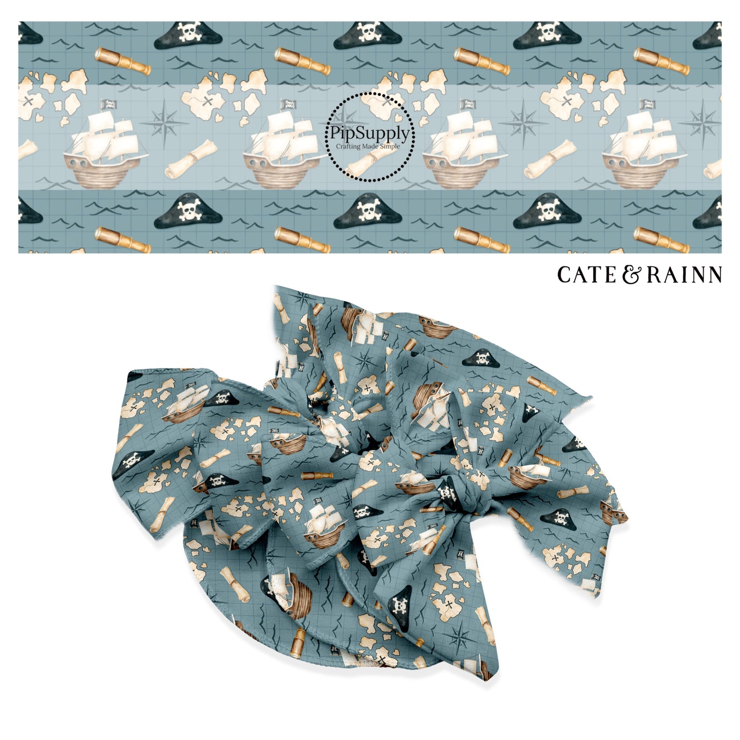 These pirate themed blue no sew bow strips can be easily tied and attached to a clip for a finished hair bow. These fun ocean themed bow strips are great for personal use or to sell. The bow stripes features pirate ships, treasure maps, compasses, crossbones and skulls on dark blue. 