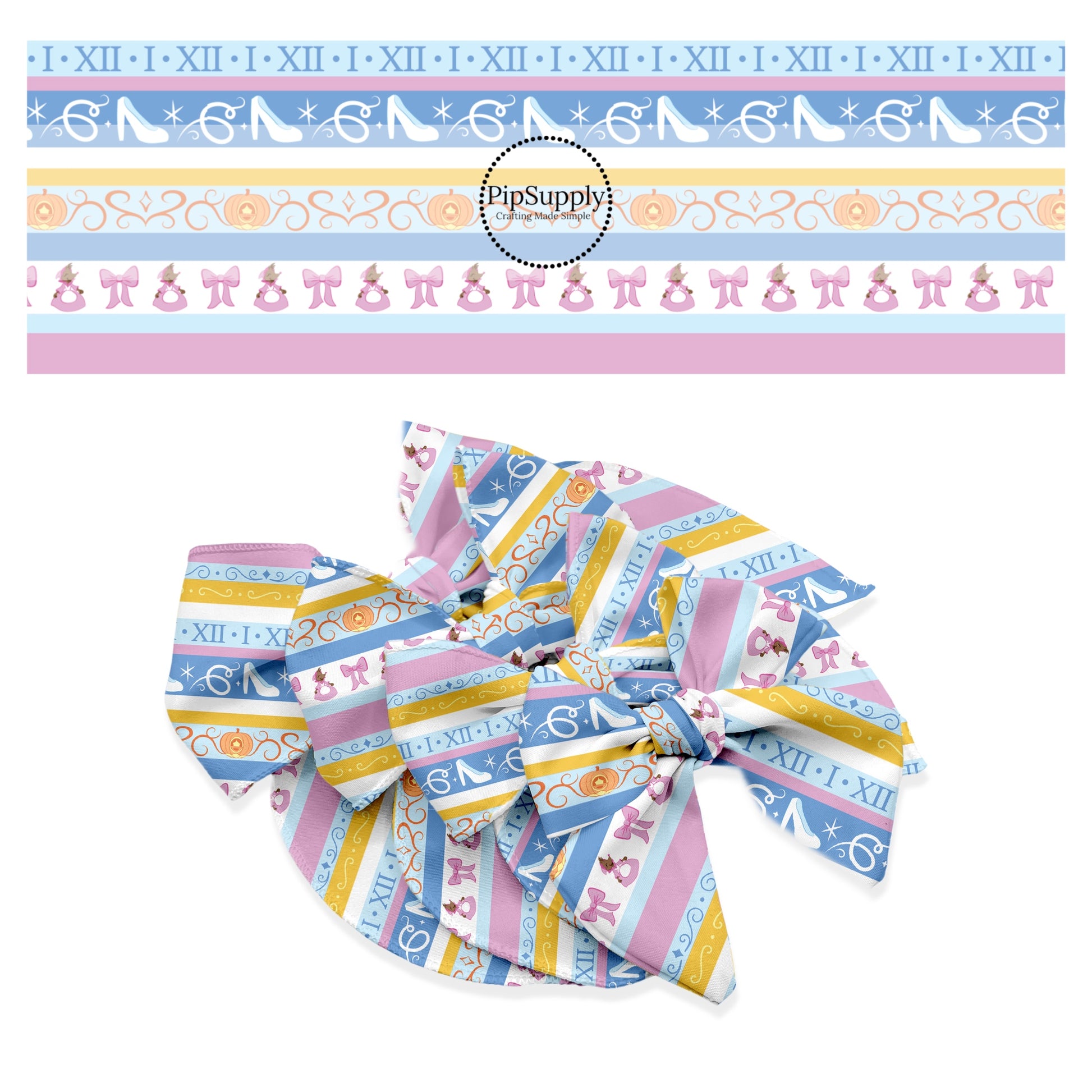 Pink, blue, and yellow stripes with glass slipper hair bow strips