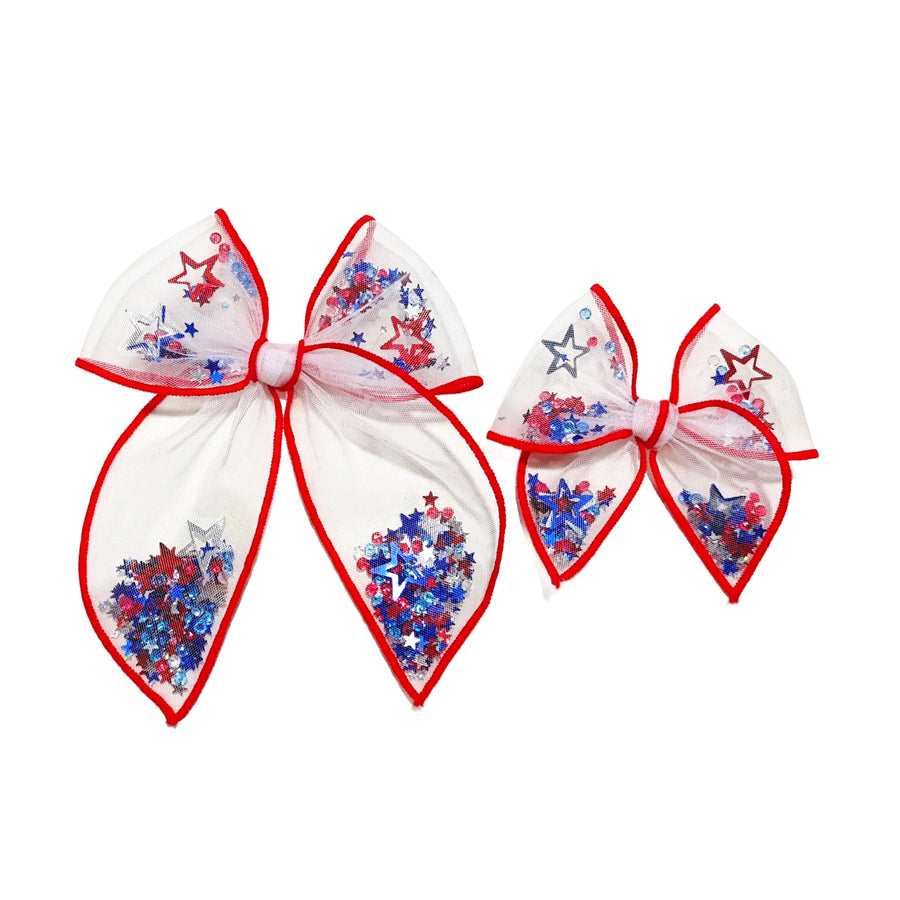 These patriotic red serged edge pre-cut tied bows are ready to package and resell to your customers no sewing or measuring necessary! These hair bows come with a clip already attached. The shaker bows come pre-filled with patriotic star clay mix.