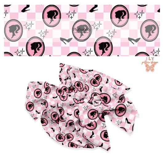 Circle with girl silhouette with black shoes and star dazzles on pink and white checkered bow strips