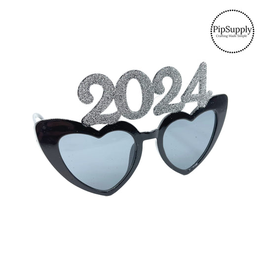 Silver 2024 glitter on black heart sunglasses