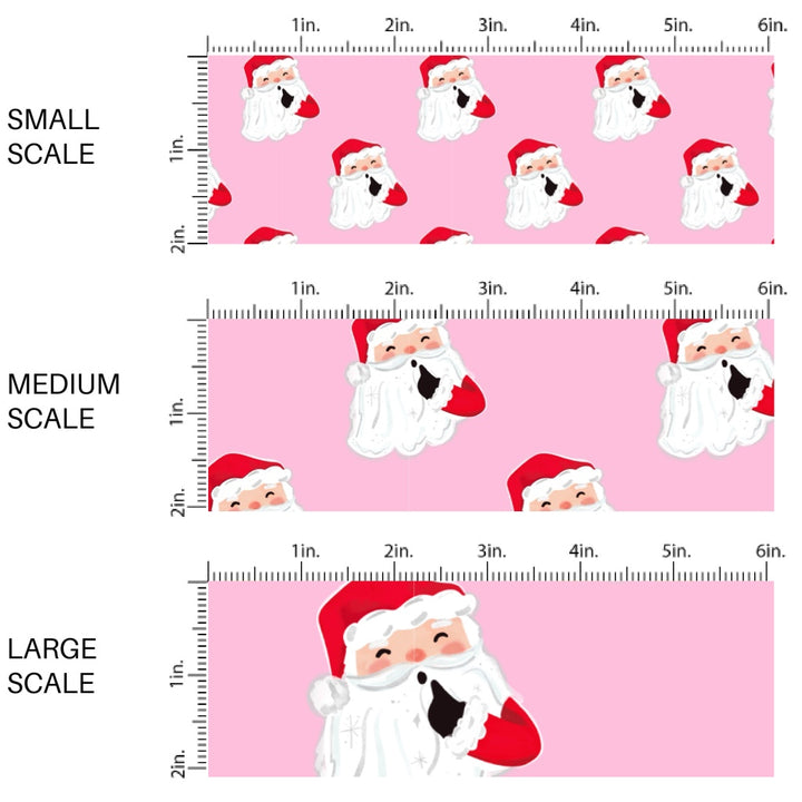 These Santa themed pattern fabric by the yard features the following design elements: Santa on pink. This fun themed fabric can be used for all your sewing and crafting needs!