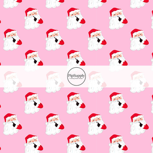 These Santa themed pattern fabric by the yard features the following design elements: Santa on pink. This fun themed fabric can be used for all your sewing and crafting needs!