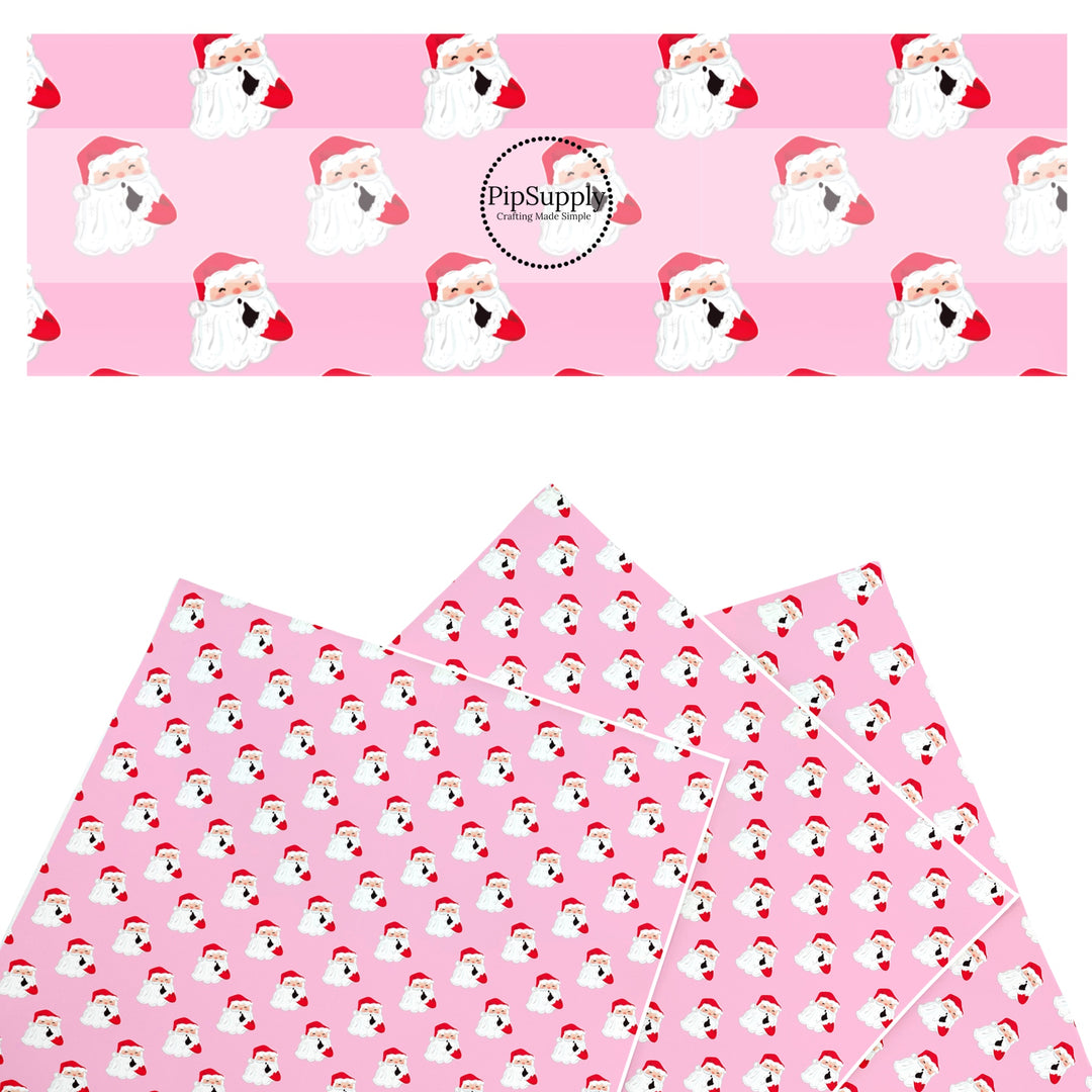 These Santa themed pattern faux leather sheets contain the following design elements: Santa on pink. Our CPSIA compliant faux leather sheets or rolls can be used for all types of crafting projects.