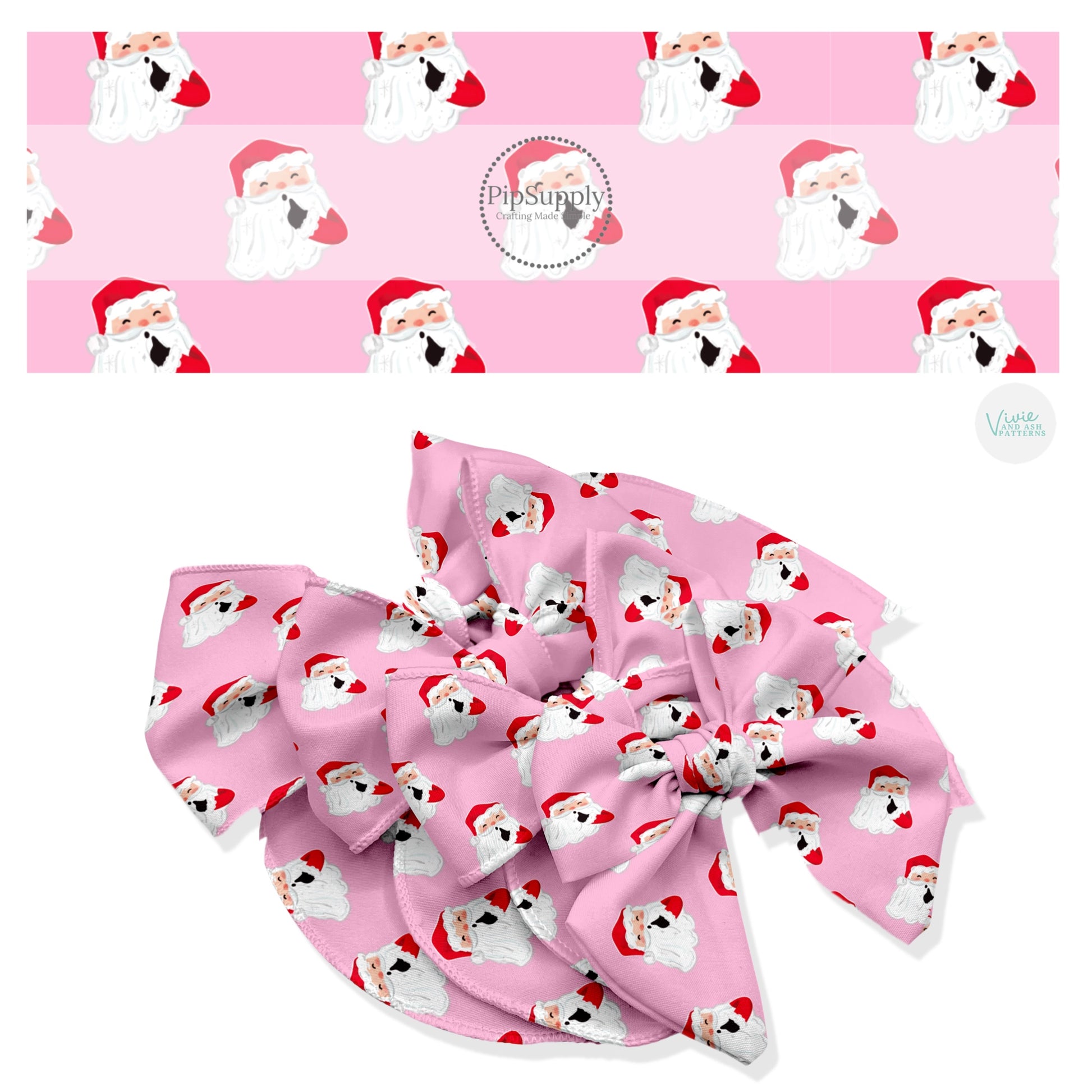 These Santa themed no sew bow strips can be easily tied and attached to a clip for a finished hair bow. These fun patterned bow strips are great for personal use or to sell. These bow strips feature the following design elements: Santa on pink.